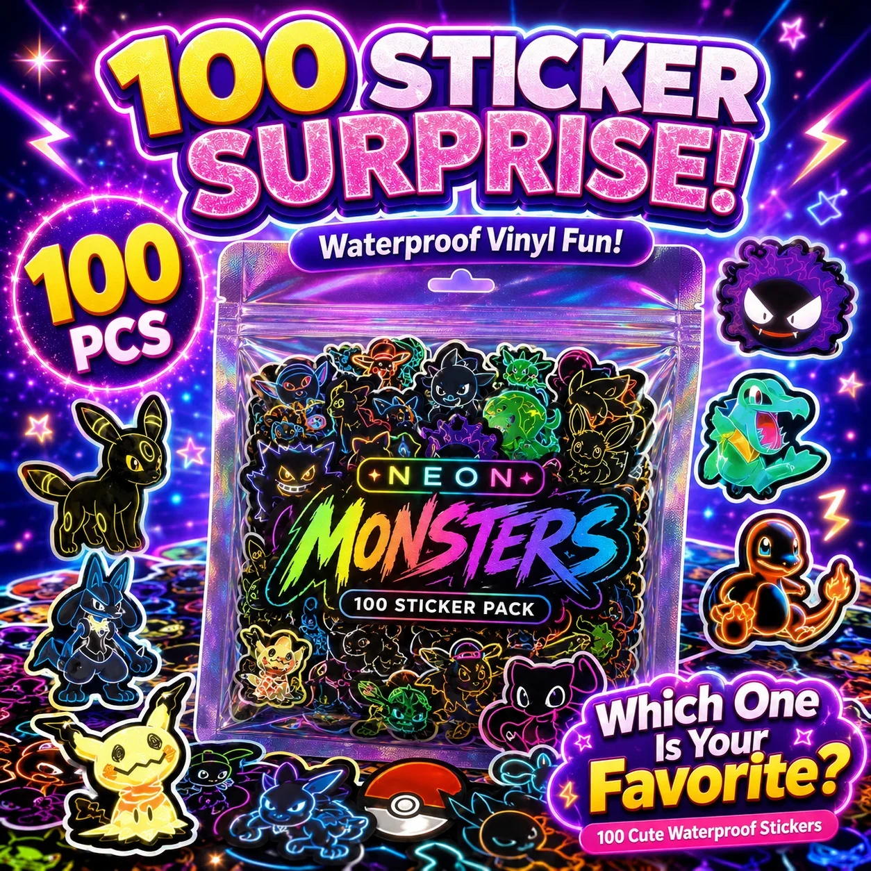 100pcs Neon  Pokémon  Stickers - Handbags 评论和价格