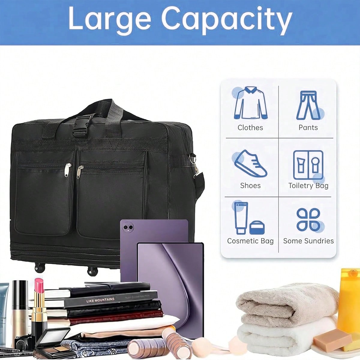 Black Rolling Travel Duffel Ba - Foldable Rolling Luggage Bag 评论和价格